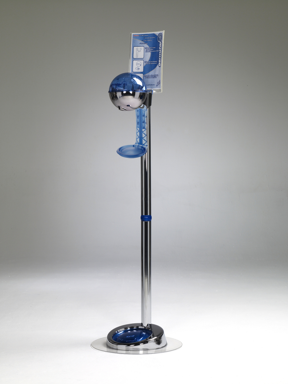 G1 dispenser (cromato/blu) + G1 supporto a pavimento premium EXTRA (cromato) + G1 vassoio raccogligo